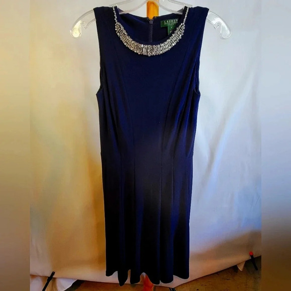 Lauren Ralph Lauren Navy Blue Dress Size  4 Beaded Fit and Flare - Picture 1 of 7